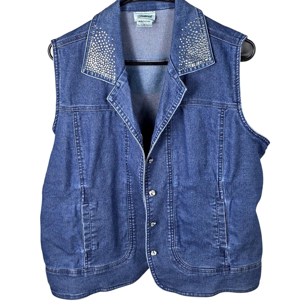 Distinct Womens Blue Denim Rhinestone Embellished Vest Button  Size L Vintage
